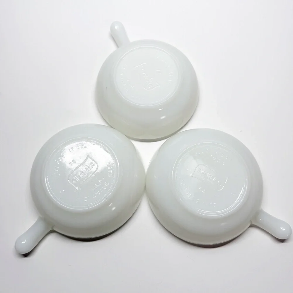Vintage Glasbake Milk Glass 5” Bowls with Handle Set of 3